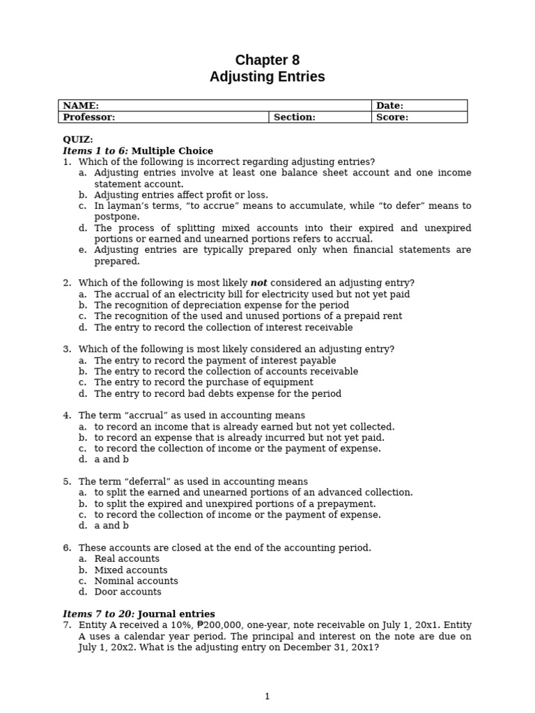 Quizzes Chapter 8 Adjusting Entries | PDF | Accrual | Expense