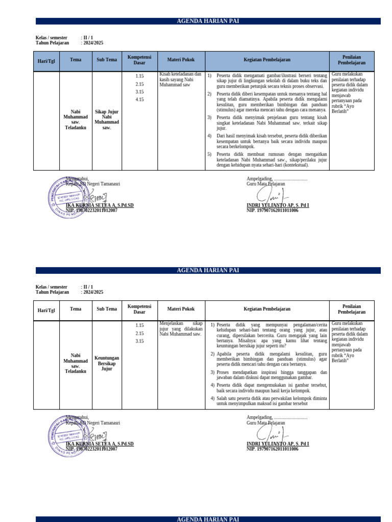 Jurnal Harian Pai Kelas 2 Semester 1 | PDF