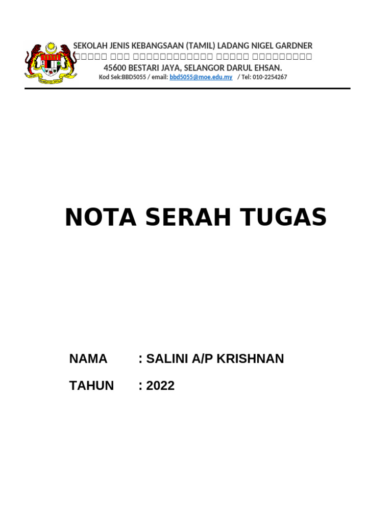 Front Page Nota Serah Tugas | PDF