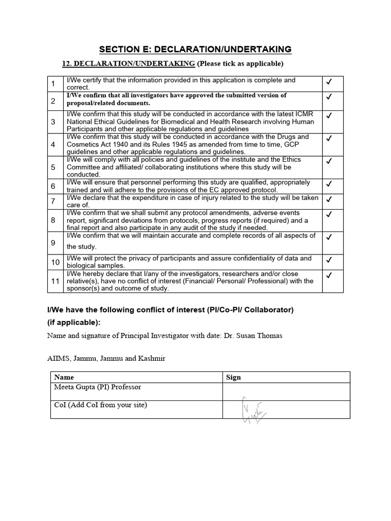 Declaration for Research Ethics Compliance | PDF
