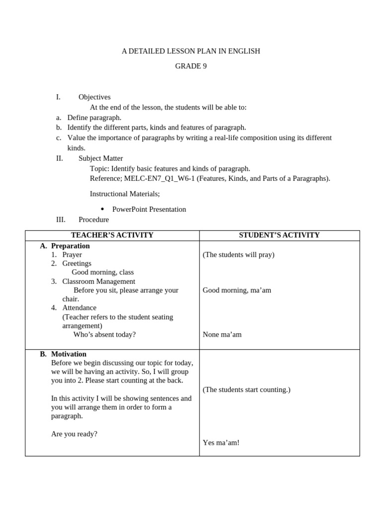 Grade 9 English Lesson Plan: Paragraphs | PDF | Teachers | Question