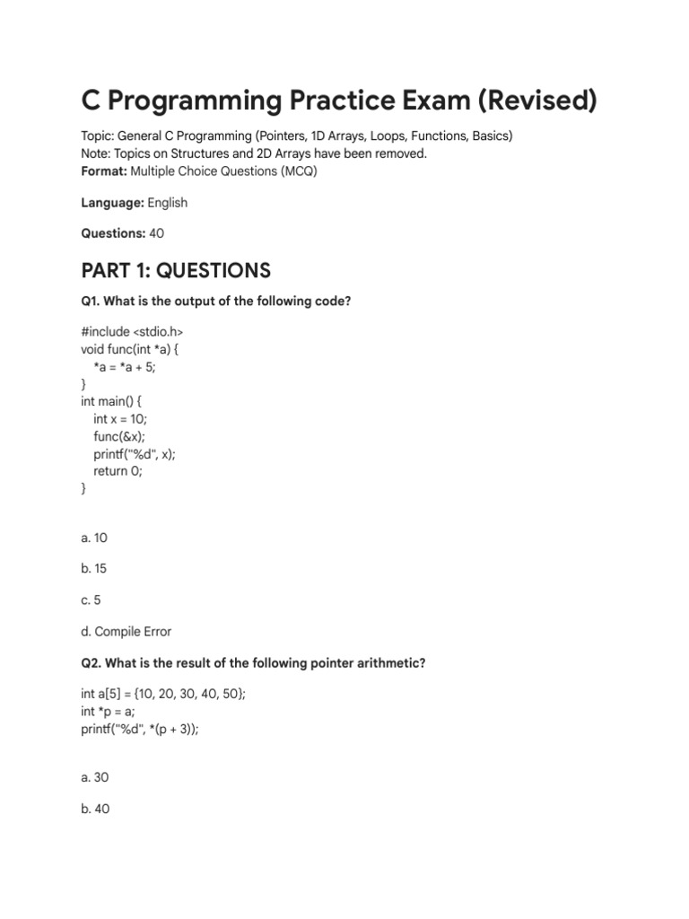 C Programming Practice Exam | PDF | Pointer (Computer Programming ...