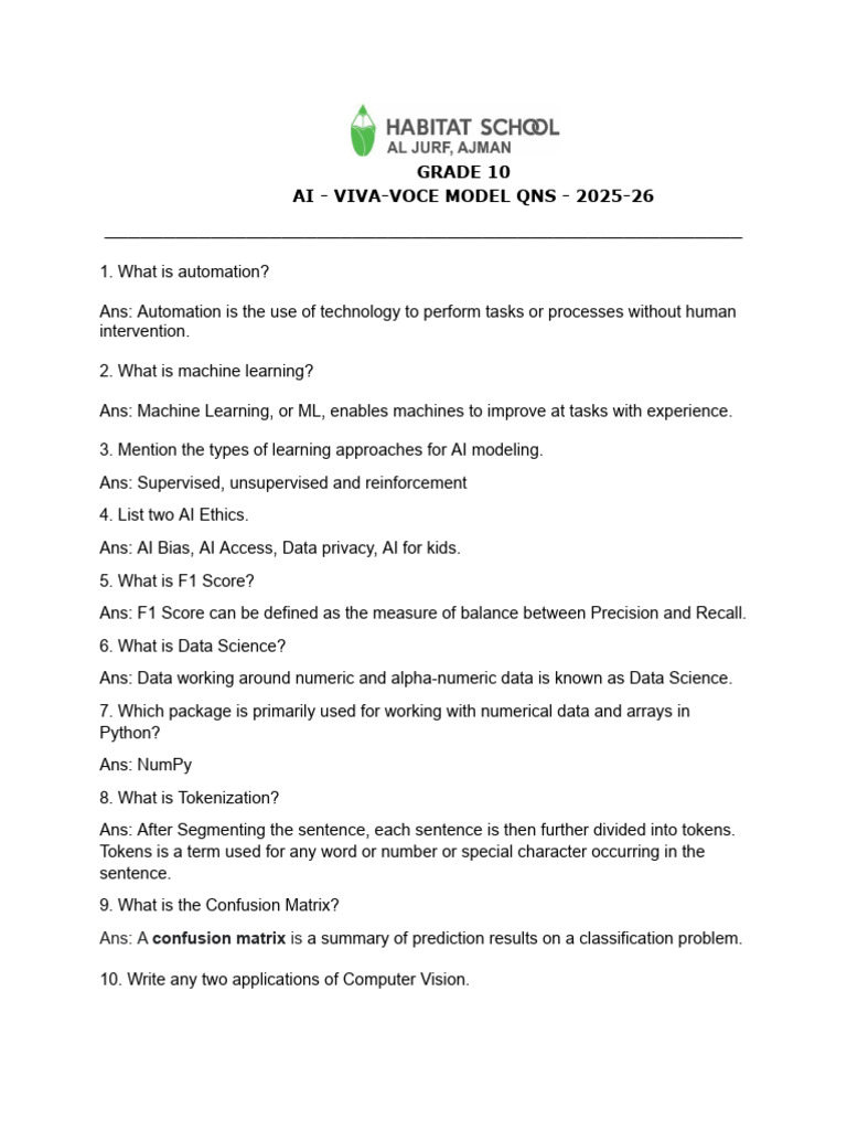 Grade 10 AI Viva-Voce Questions 2025-26 | PDF | Artificial Intelligence ...