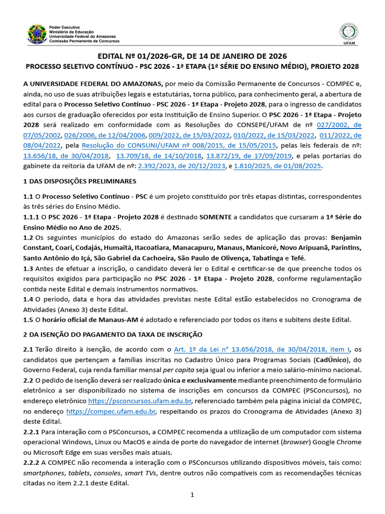 Edital PSC 2026 - Inscrições e Isenções | PDF | Brasil | Amamentação
