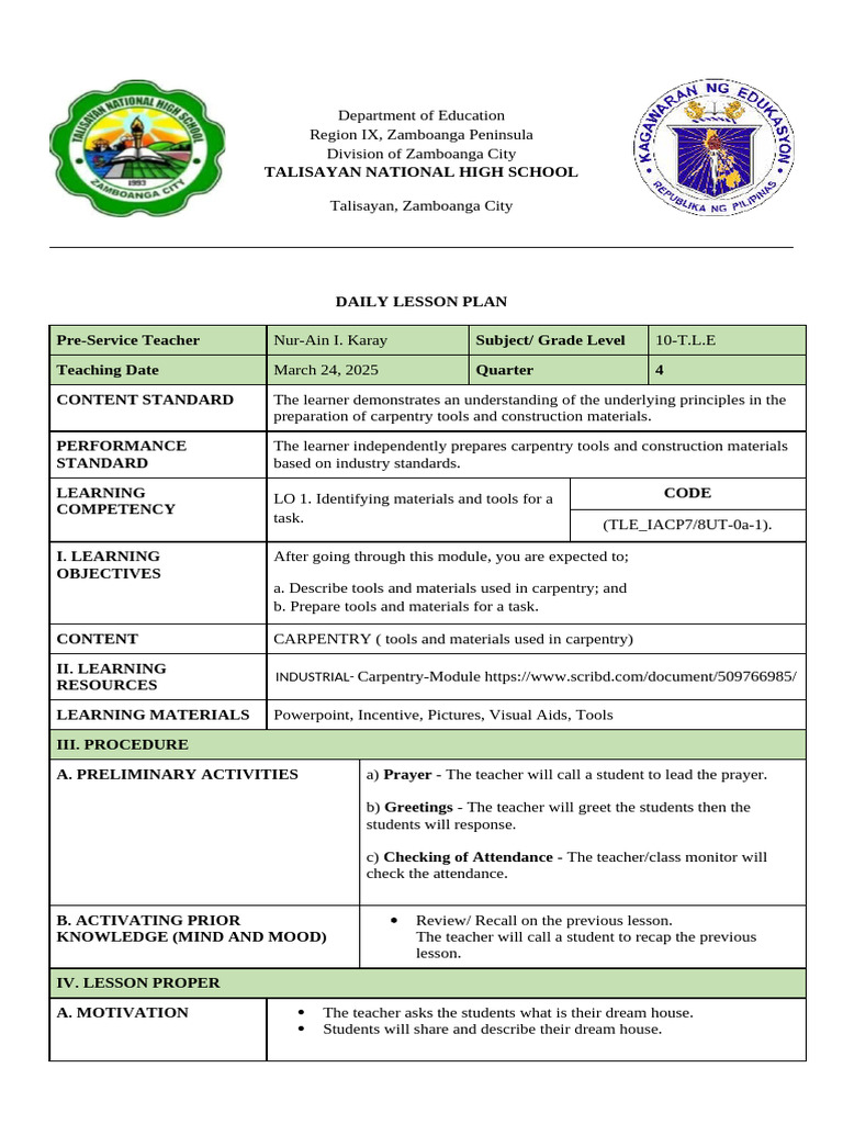Carpentry Tools and Materials Lesson Plan | PDF | Learning | Teachers