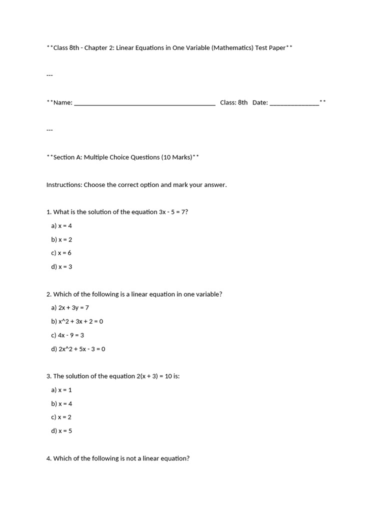 8th Grade Linear Equations Test Paper | PDF | Equations | Mathematical ...