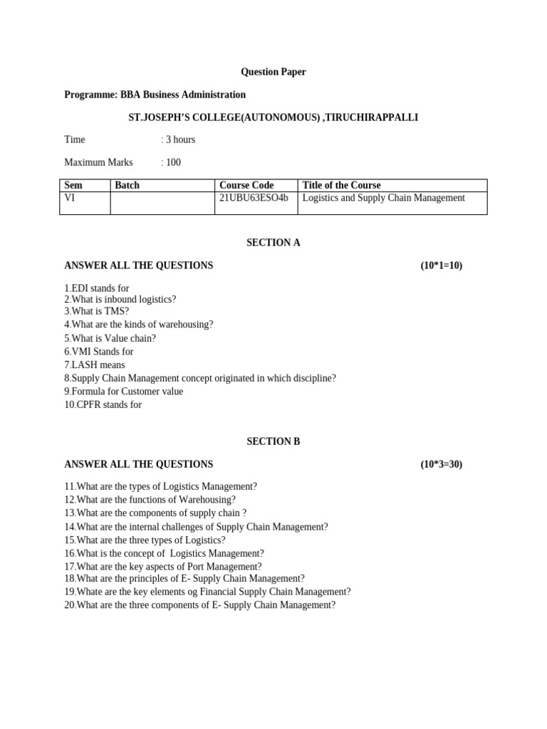 Question Paper New | PDF | Supply Chain Management | Supply Chain
