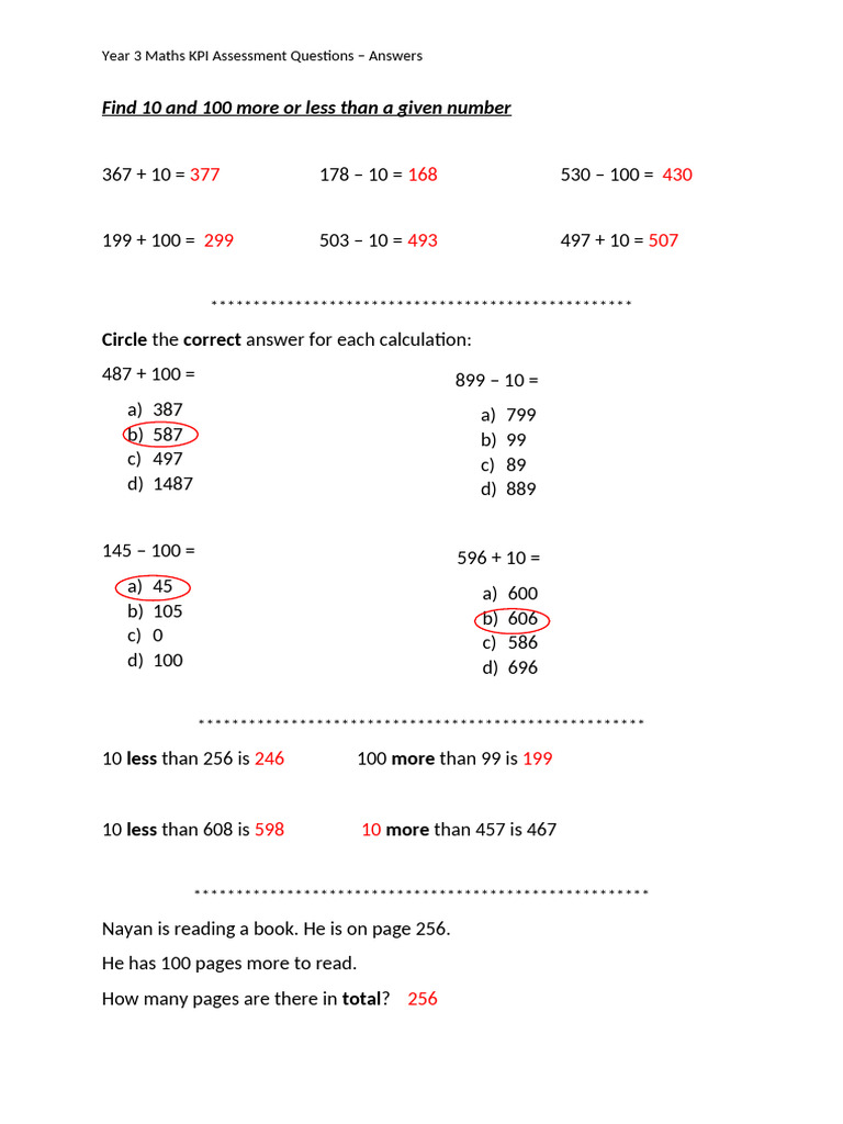 Year 3 Maths Assessment Questions & Answers | PDF | Mathematics