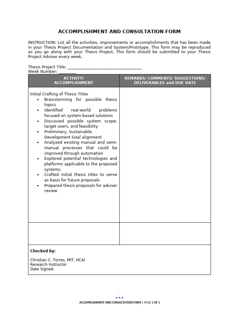 Thesis Project Accomplishment Log | PDF