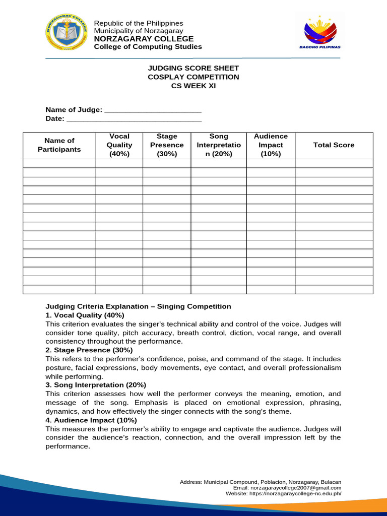 Norzagaray College Competition Judging Sheet | PDF | Dances ...