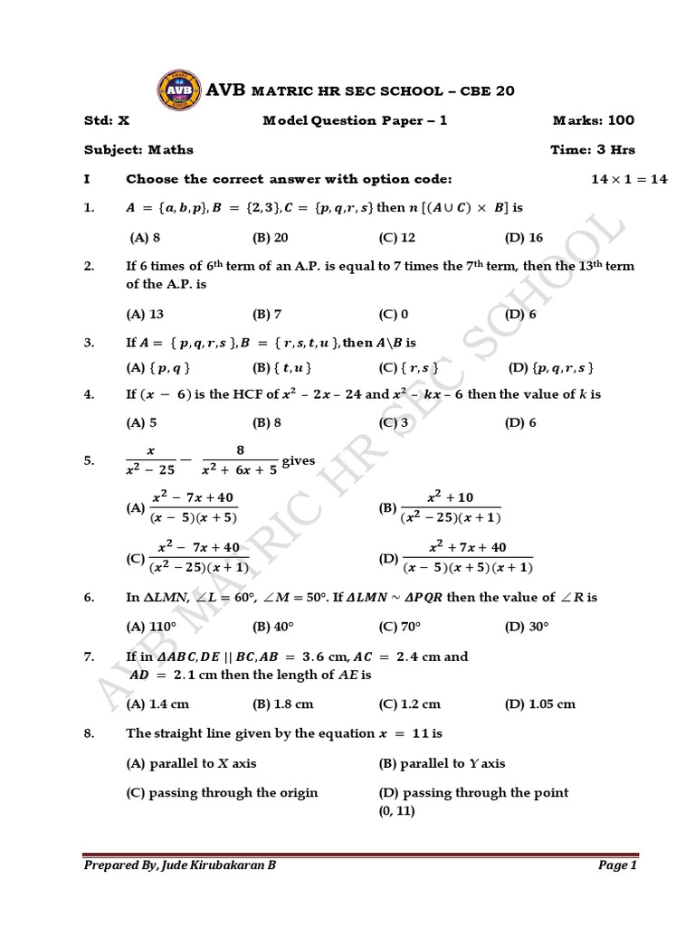Model Maths Question Paper for Std X | PDF | Circle | Area