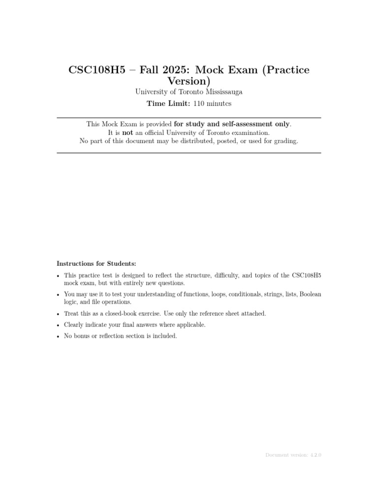 CSC108H5 Fall 2025 Mock Exam Practice | PDF | Parameter (Computer ...