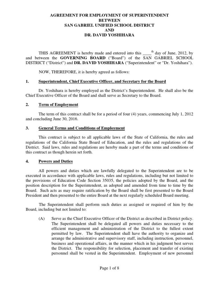 Superintendent Employment Agreement 2012 | PDF | Employee Benefits ...