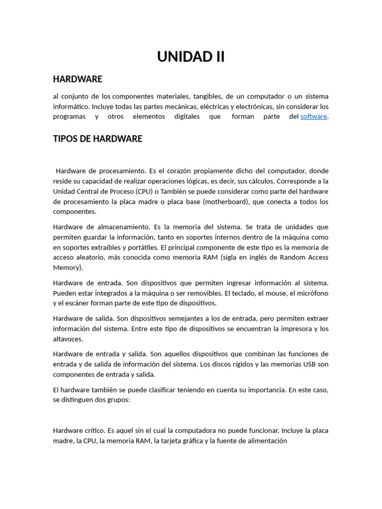 UNIDAD II-HARDWARE (Componentes Del Computador) | PDF | Hardware de la ...