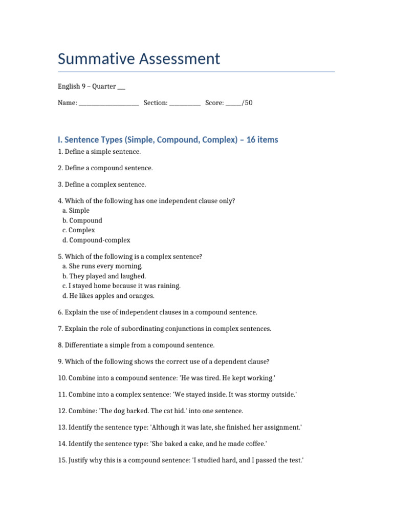 English 9 Summative Assessment Guide | PDF | Sentence (Linguistics ...
