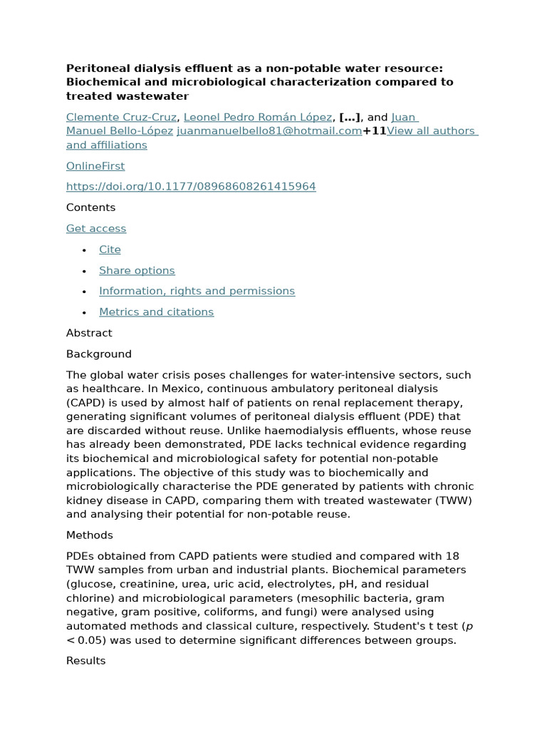 Peritoneal Dialysis Effluent: Non-Potable Use | PDF | Medical ...