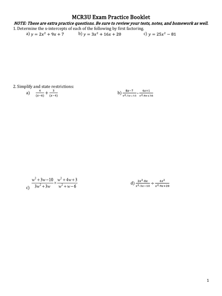 MCR3U Exam Practice Questions | PDF | Trigonometric Functions | Complex ...