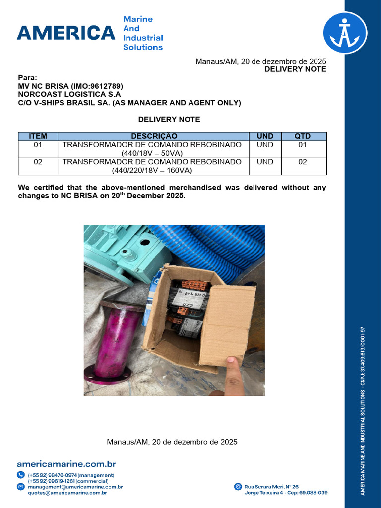 Delivery Note for MV NC Brisa Equipment | PDF