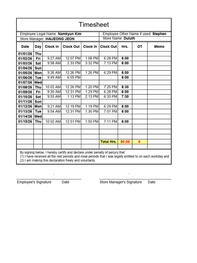 Employee Timesheet for January 2026 | PDF