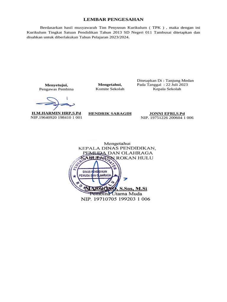 Pengesahan Kurikulum dan RKT SD 011 | PDF