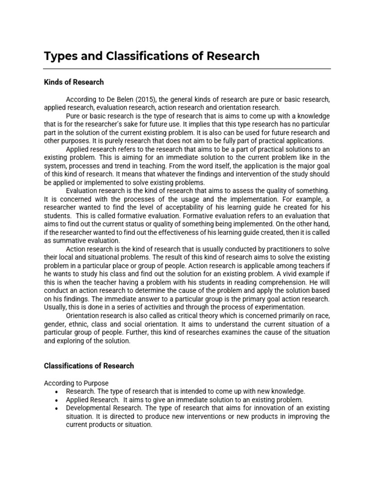 Types and Classifications of Research | PDF | Evaluation | Statistics