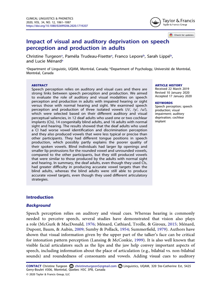 Speech Perception in Sensory Deprivation | PDF | Hearing Loss | Vowel