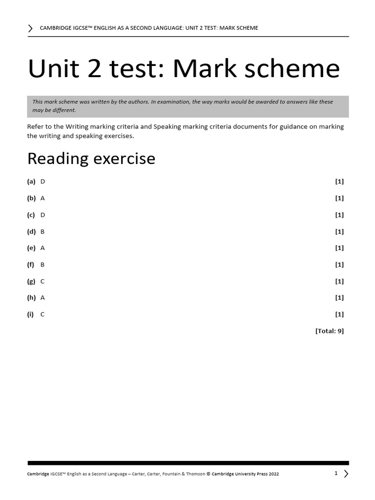 Cambridge IGCSE ESL Unit 2 Mark Scheme | PDF | English As A Second Or ...