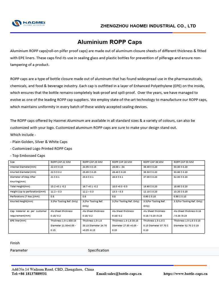Aluminium ROPP Caps Supplier Guide | PDF | Materials | Industrial Processes