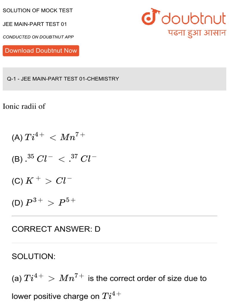 JEE Main Part Test 01 Solutions | PDF | Chemical Bond | Ionic Bonding
