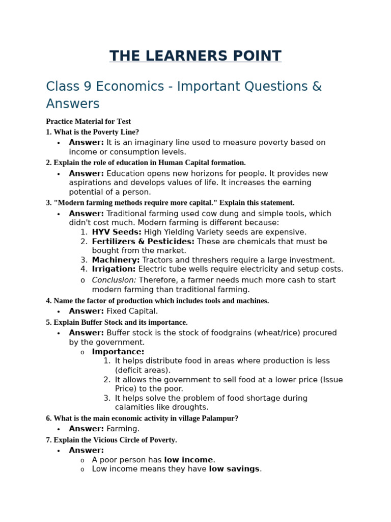Class 9 Economics: Key Q&A Guide | PDF | Poverty | Poverty & Homelessness