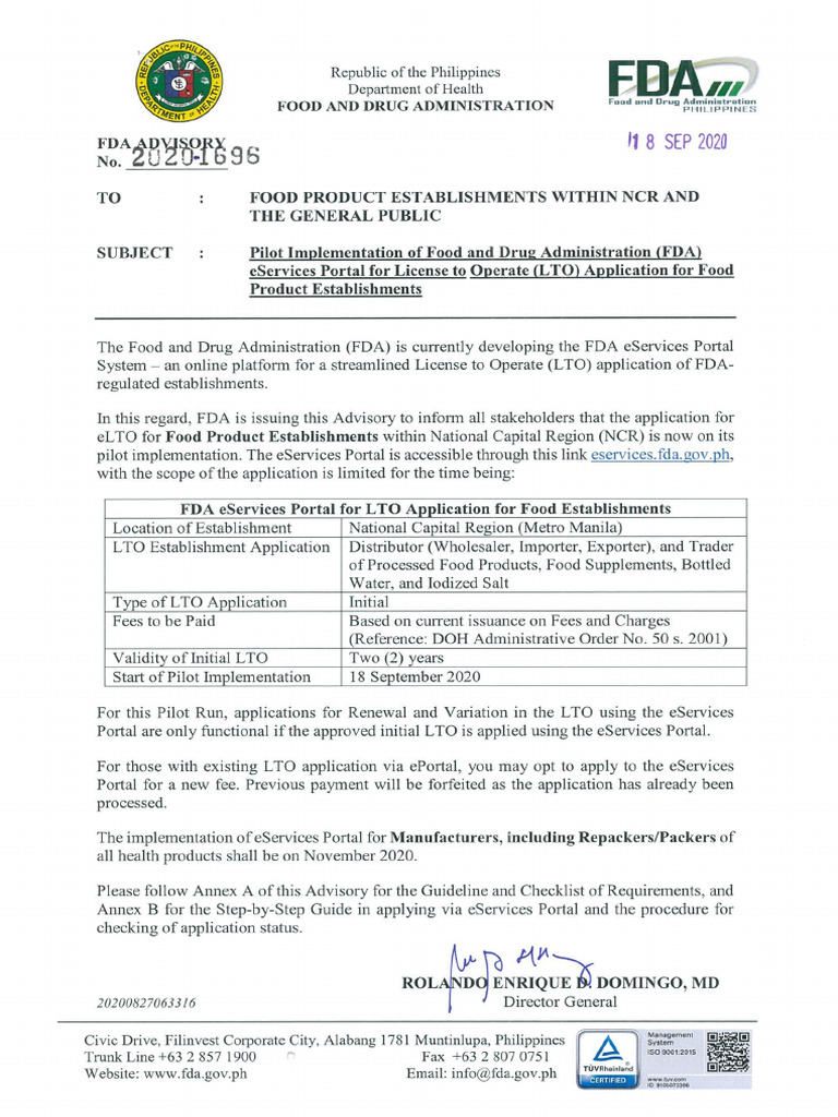 Food Eservices FDA Advisory No.2020 1696 SW | PDF | Food And Drug ...
