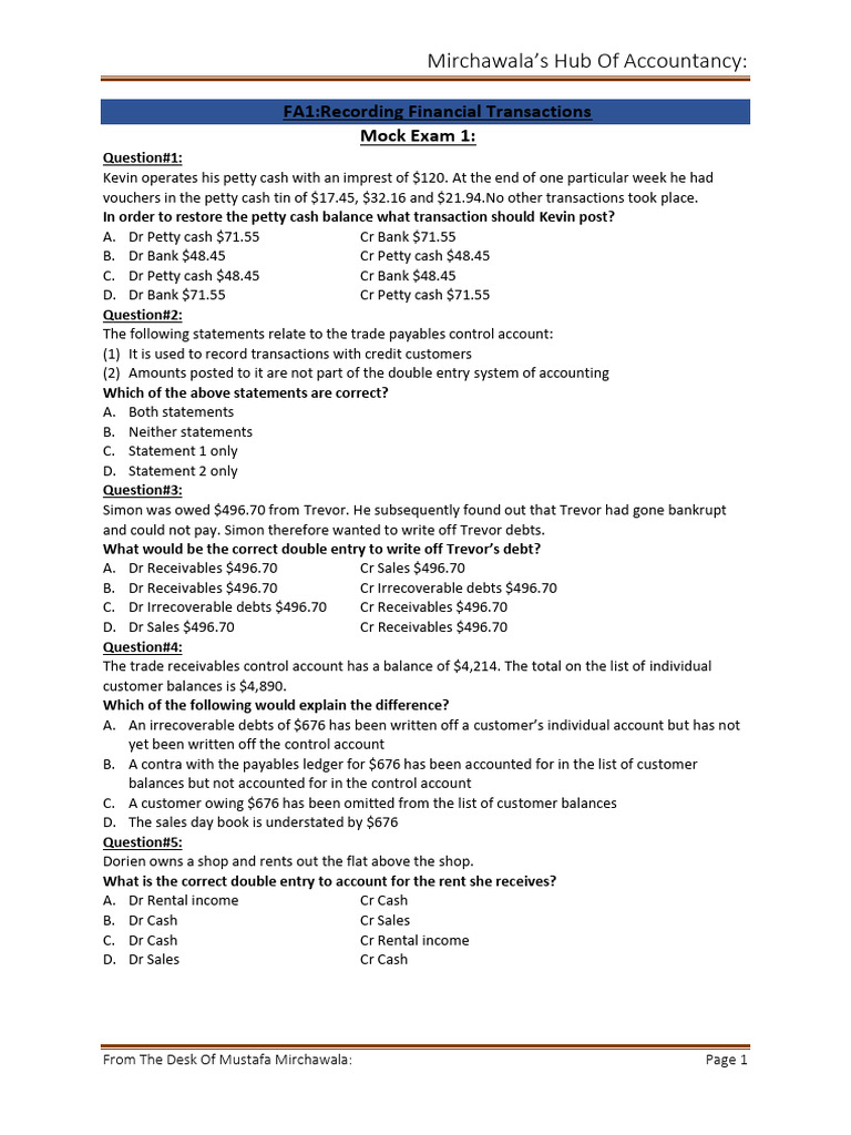 Accountancy Mock Exam Questions | PDF | Debits And Credits | Accounts ...