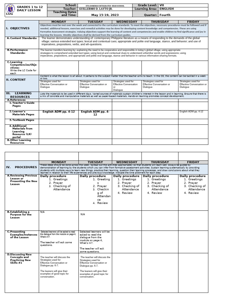 Grade 7 English Daily Lesson Plan | PDF | Learning | Procedural Knowledge