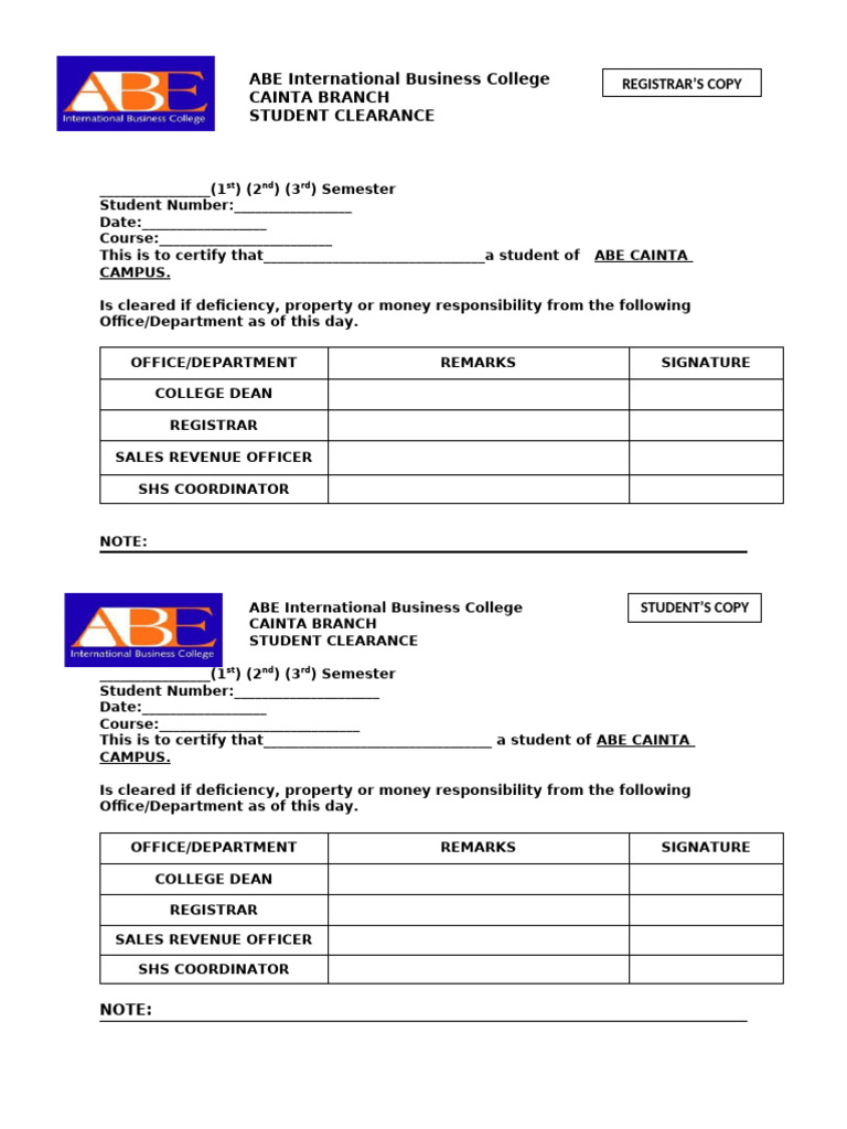 ABE Cainta Student Clearance Form | PDF