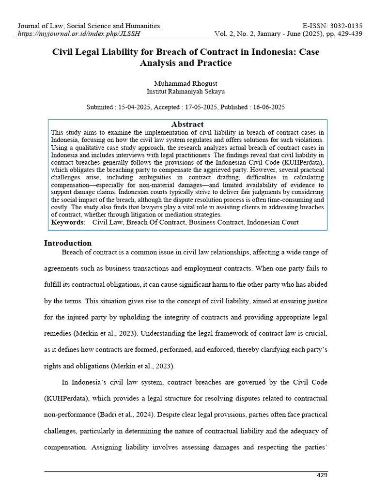Civil Liability for Contract Breaches in Indonesia | PDF | Breach Of ...