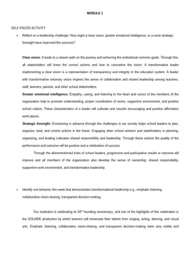 Module 1 | PDF | Leadership | Transformational Leadership