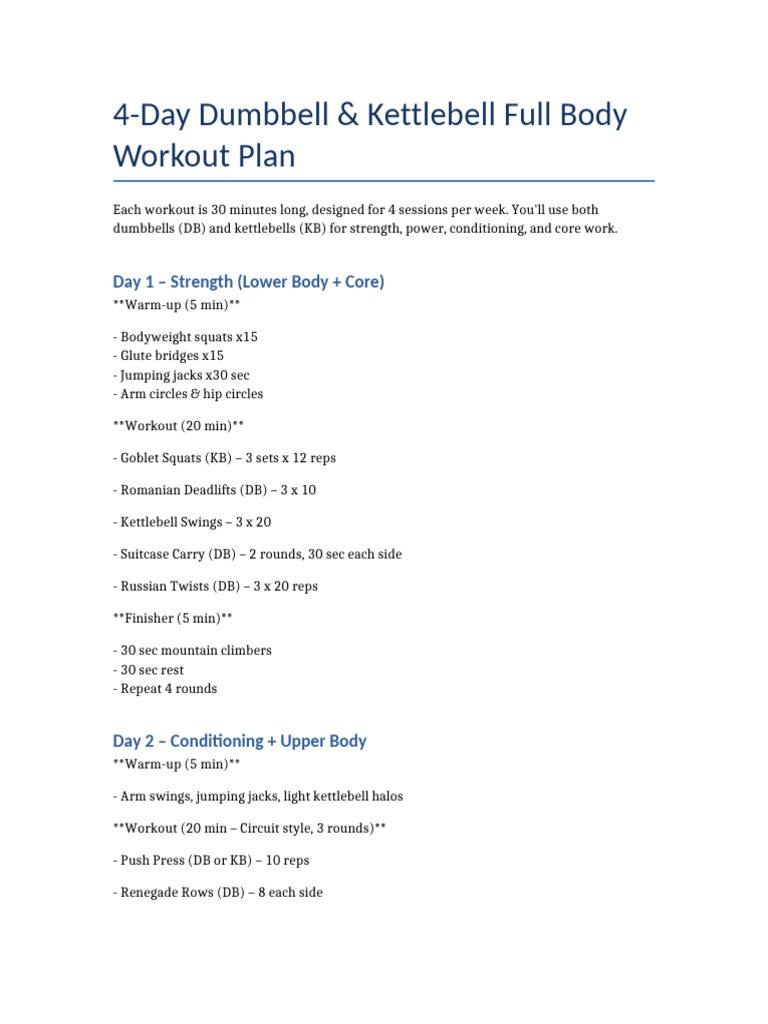 4-Day Dumbbell & Kettlebell Workout Plan | PDF