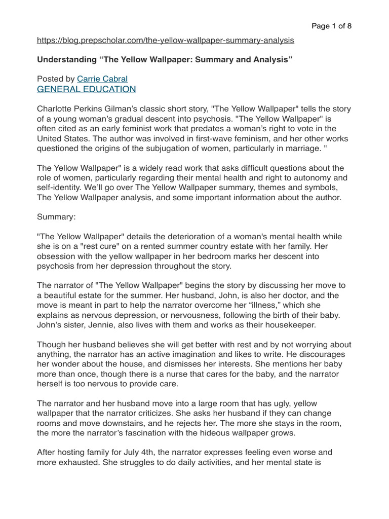 The Yellow Wallpaper: Summary & Analysis | PDF | The Yellow Wallpaper ...
