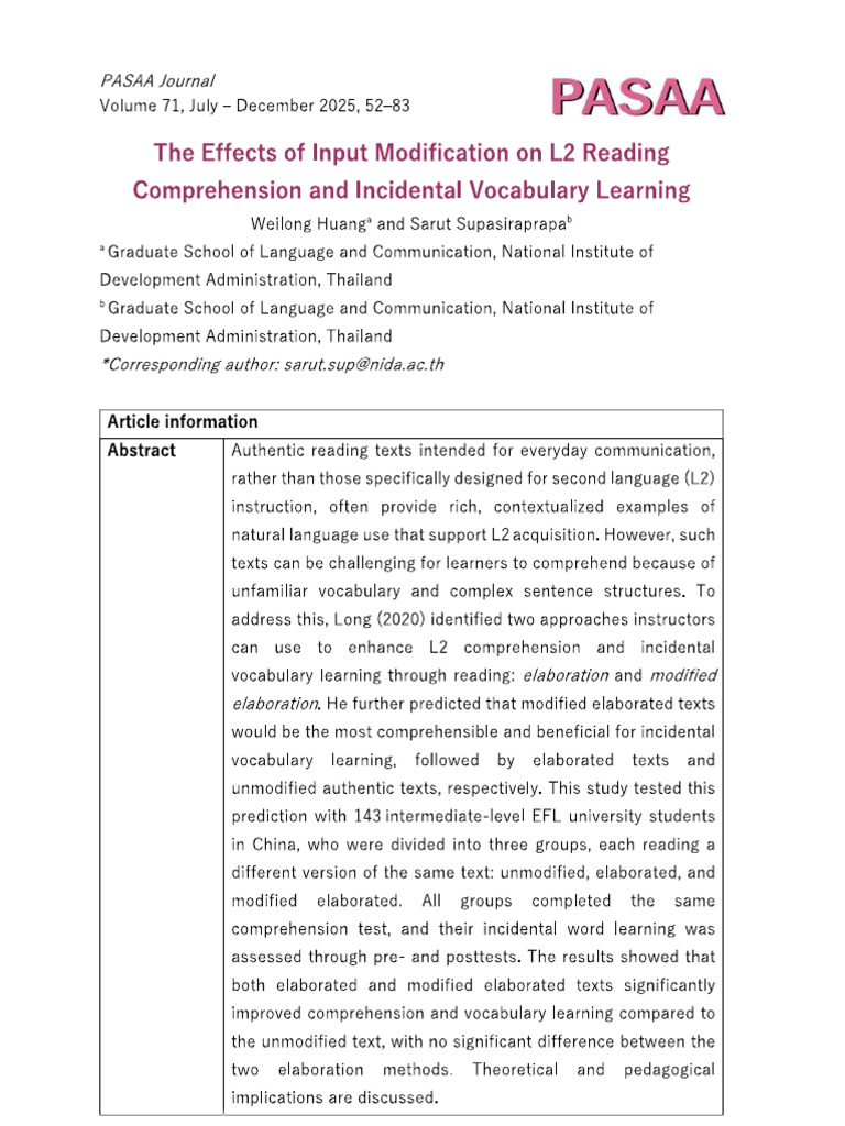 The Effects of Input Modification On L2 Reading | PDF