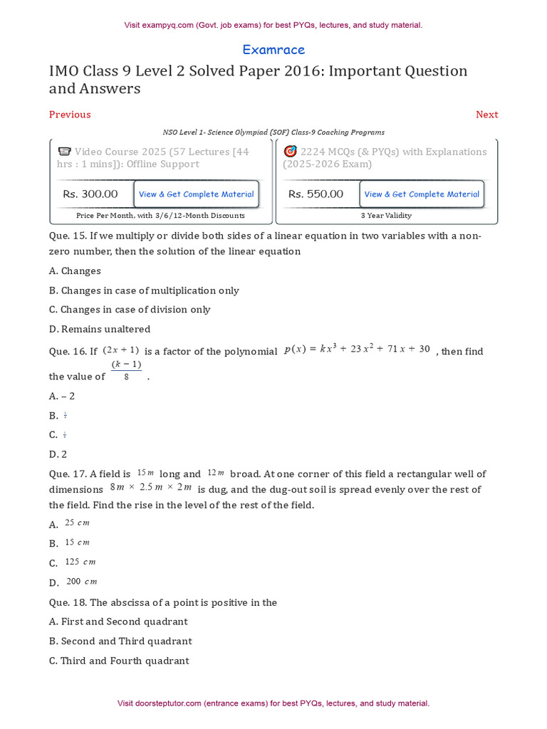 IMO Level 2 Class 9 Paper 2016 Part 3 | PDF | Algebra | Mathematics