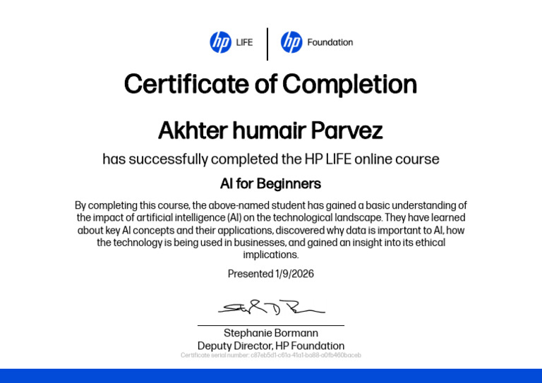 HP LIFE AI for Beginners Certificate | PDF