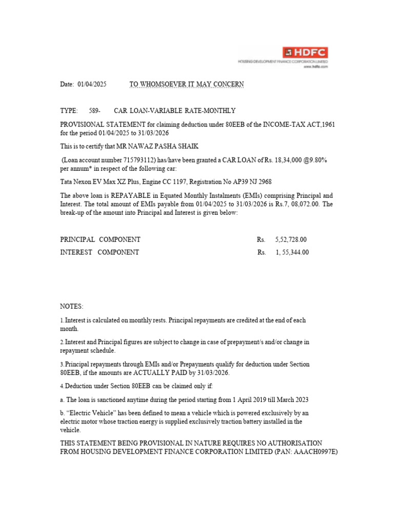 Provisional Car Loan Statement 2025 | PDF