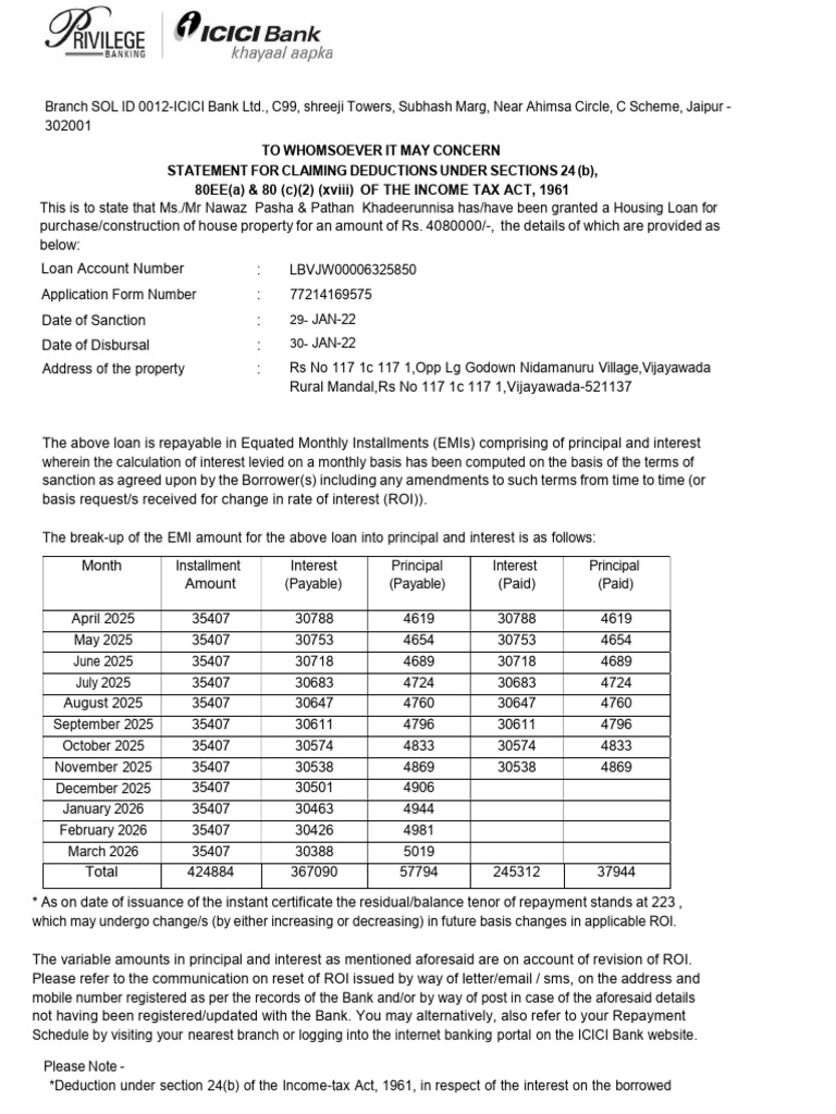 ICICI Bank Housing Loan Tax Deduction Statement | PDF | Loans | Interest