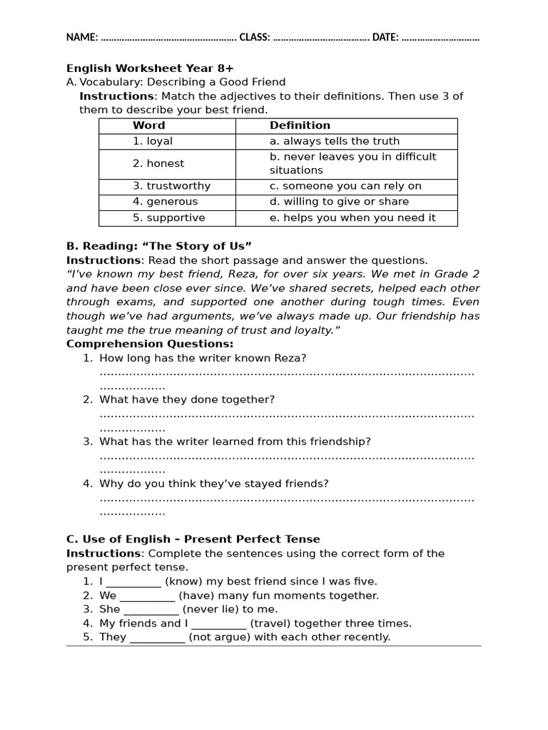 Year 8 Friendship Vocabulary Worksheet | PDF | Linguistic Morphology