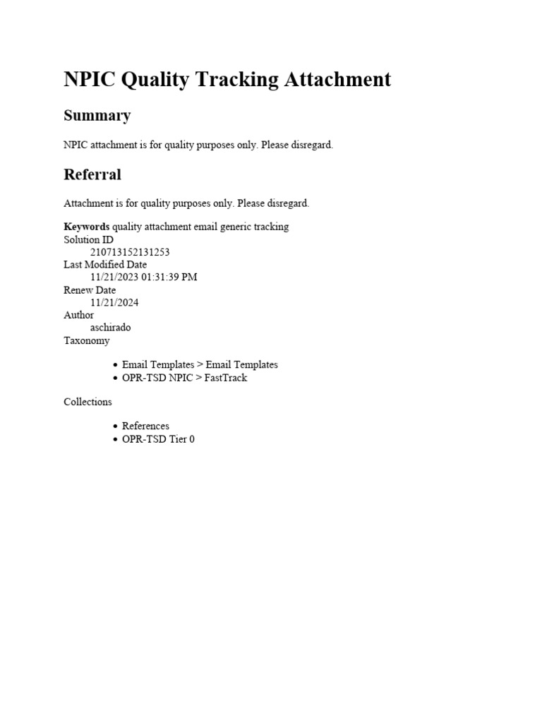 NPIC Quality Tracking Document | PDF