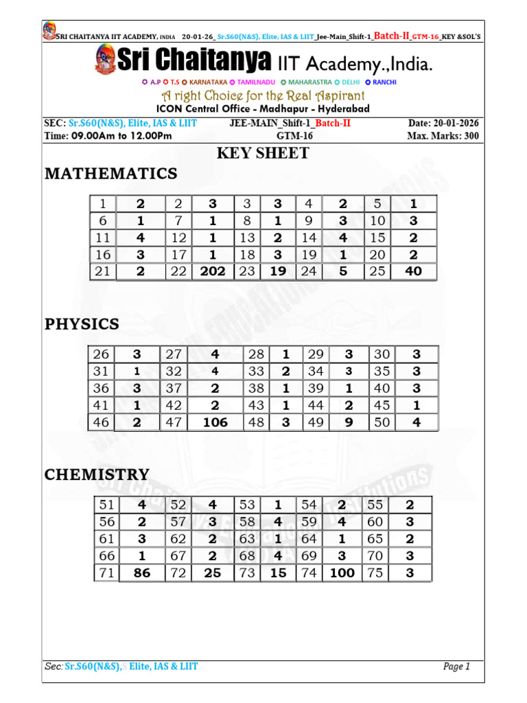 JEE Main 2026 Solutions - Sri Chaitanya | PDF | Velocity | Quantity