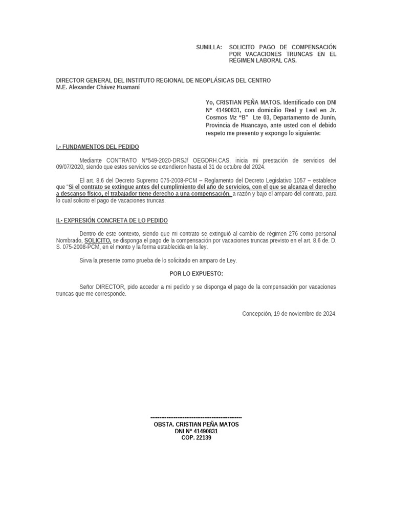 Solicitud de Pago por Vacaciones Truncas | PDF | Justicia | Crimen y ...