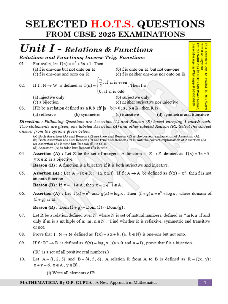 CBSE 2025 Math HOTS Questions Guide | PDF | Mathematical Relations ...