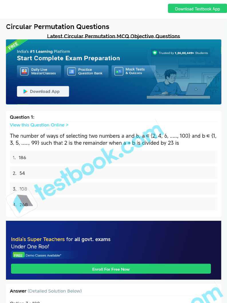 MCQ On Circular Permutation 5eea6a1439140f30f369f0d8 | PDF