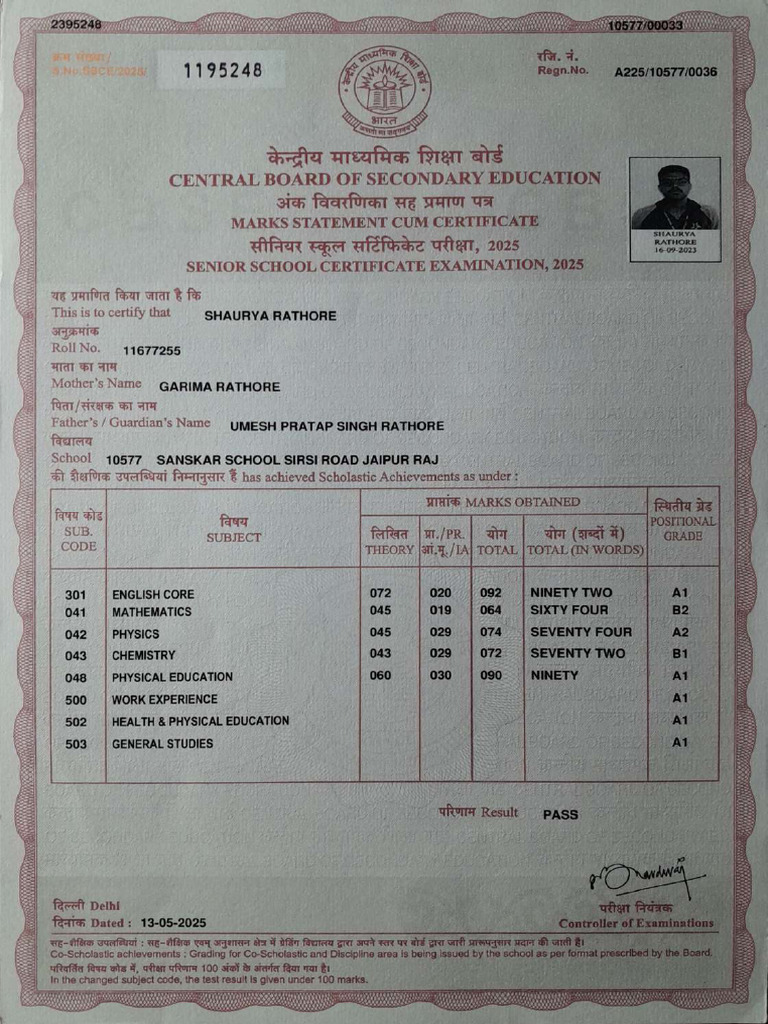 CBSE 2025 Marks Statement for Shaurya Rathore | PDF